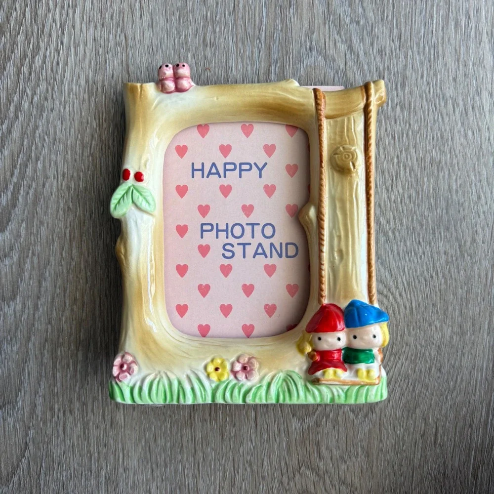 Vintage Ceramic Woodland Tree Trunk Photo Frame Children on Swing Pink Birds